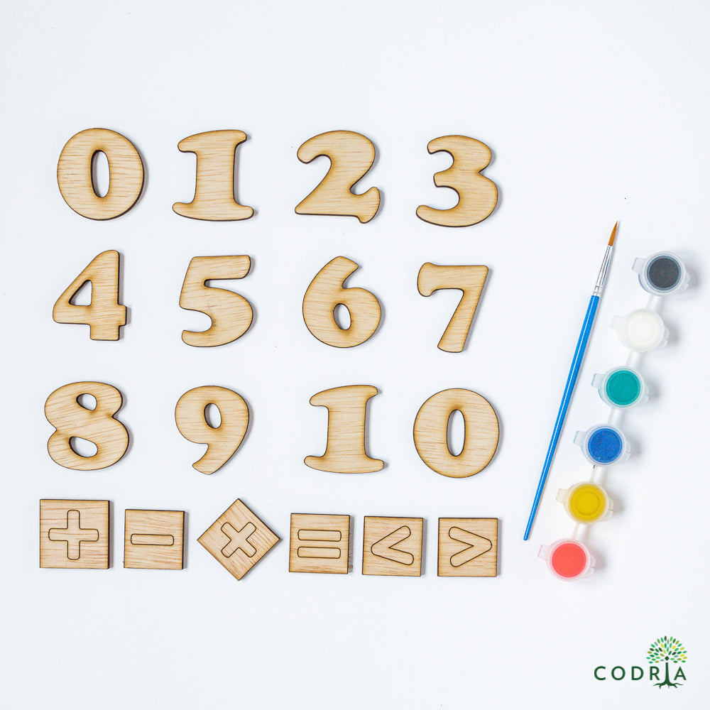 Set cifre și semne de lemn cu pensulă și culori